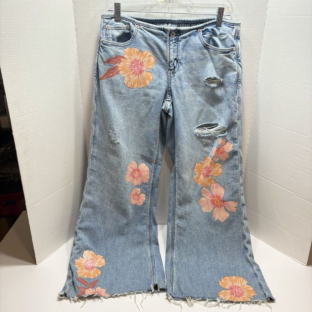 American Eagle Low Rise Baggy Wide Leg Jeans Womens 6 Distressed Y2K StreetWear